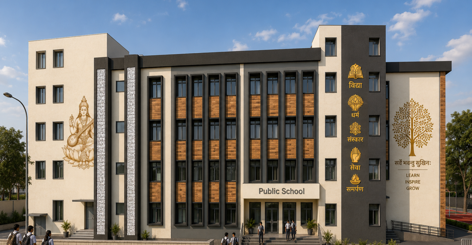 Front elevation of a modern school building designed by Design Tech Plus with contemporary architect