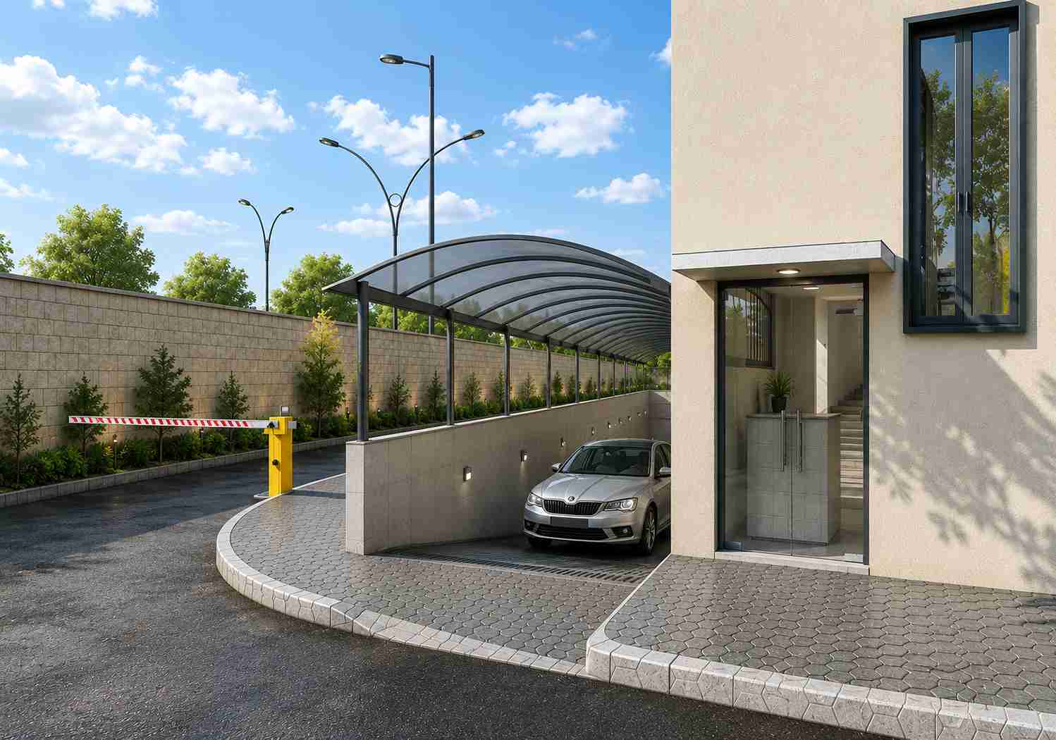 Front elevation of a modern school building designed by Design Tech Plus with contemporary architect