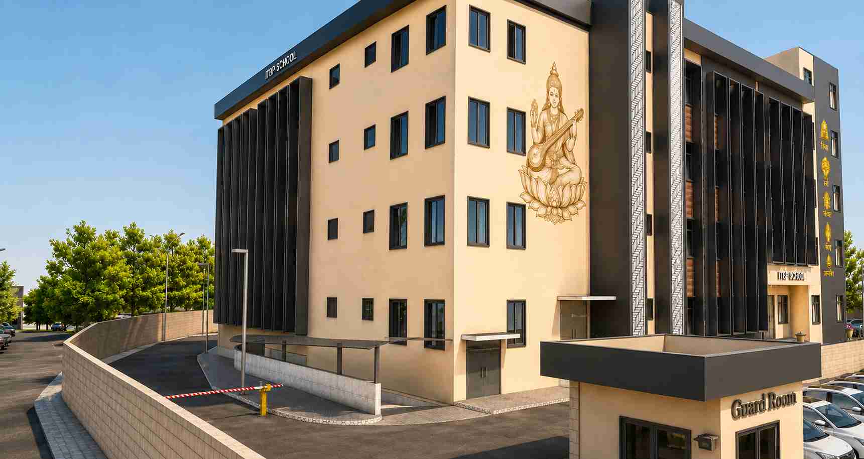 Front elevation of a modern school building designed by Design Tech Plus with contemporary architect