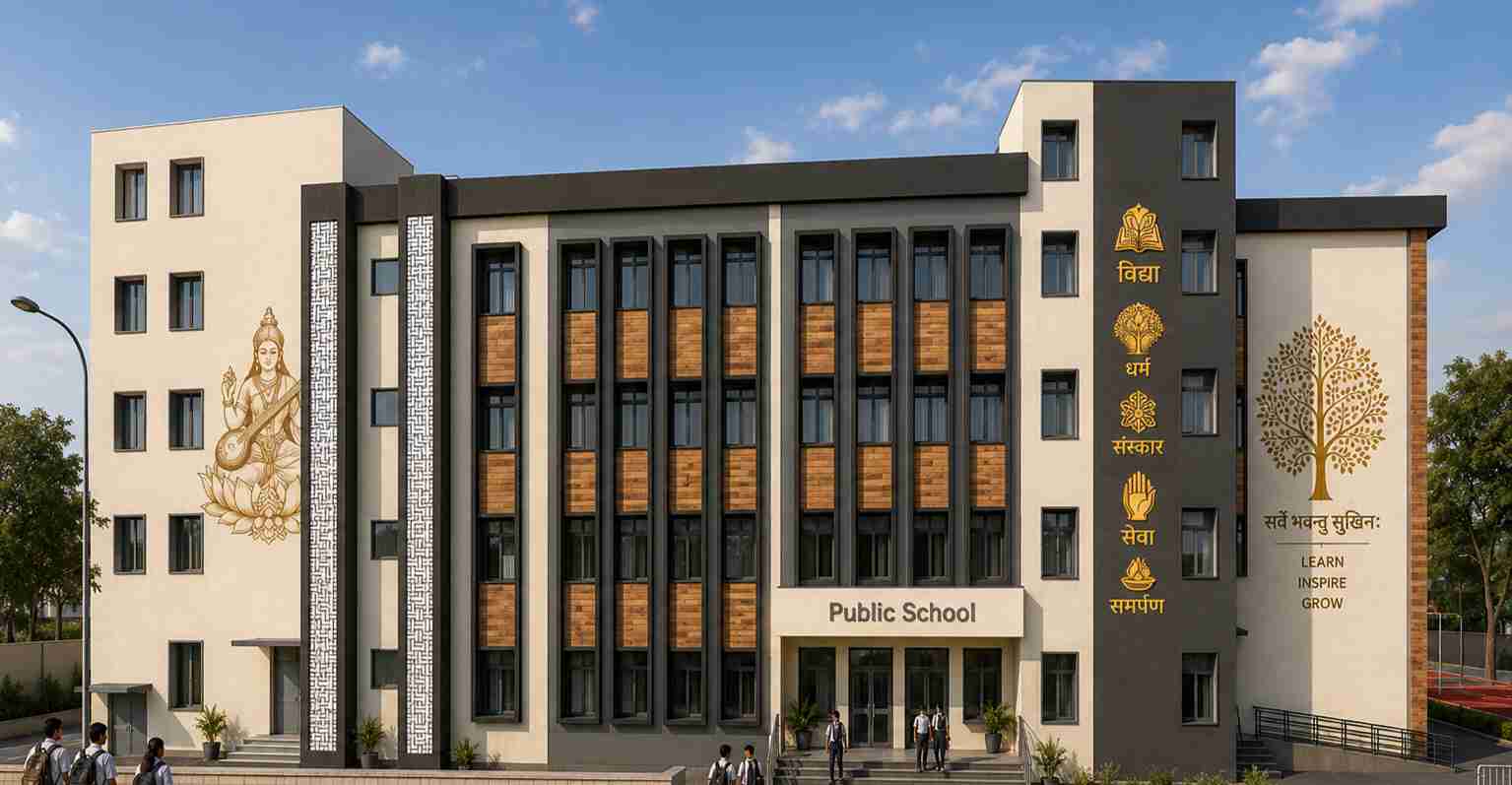 Front elevation of a modern school building designed by Design Tech Plus with contemporary architect