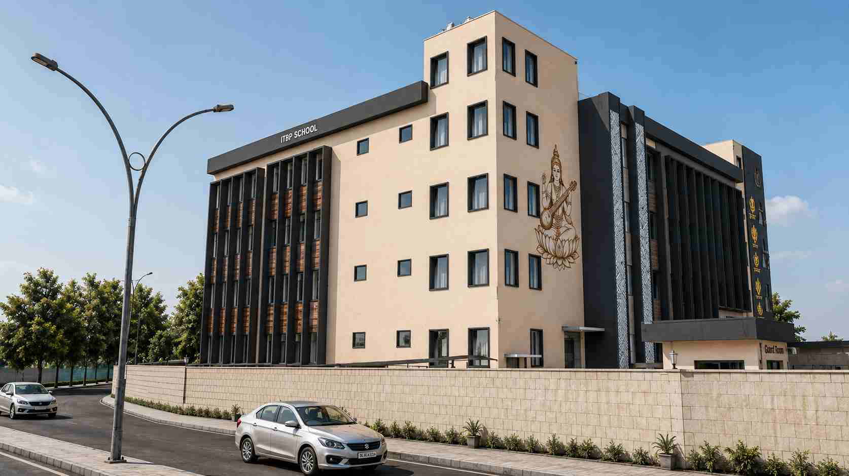 Front elevation of a modern school building designed by Design Tech Plus with contemporary architect