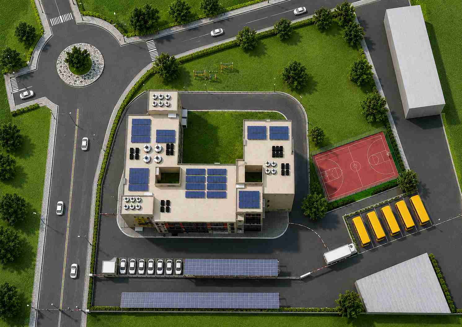 Front elevation of a modern school building designed by Design Tech Plus with contemporary architect