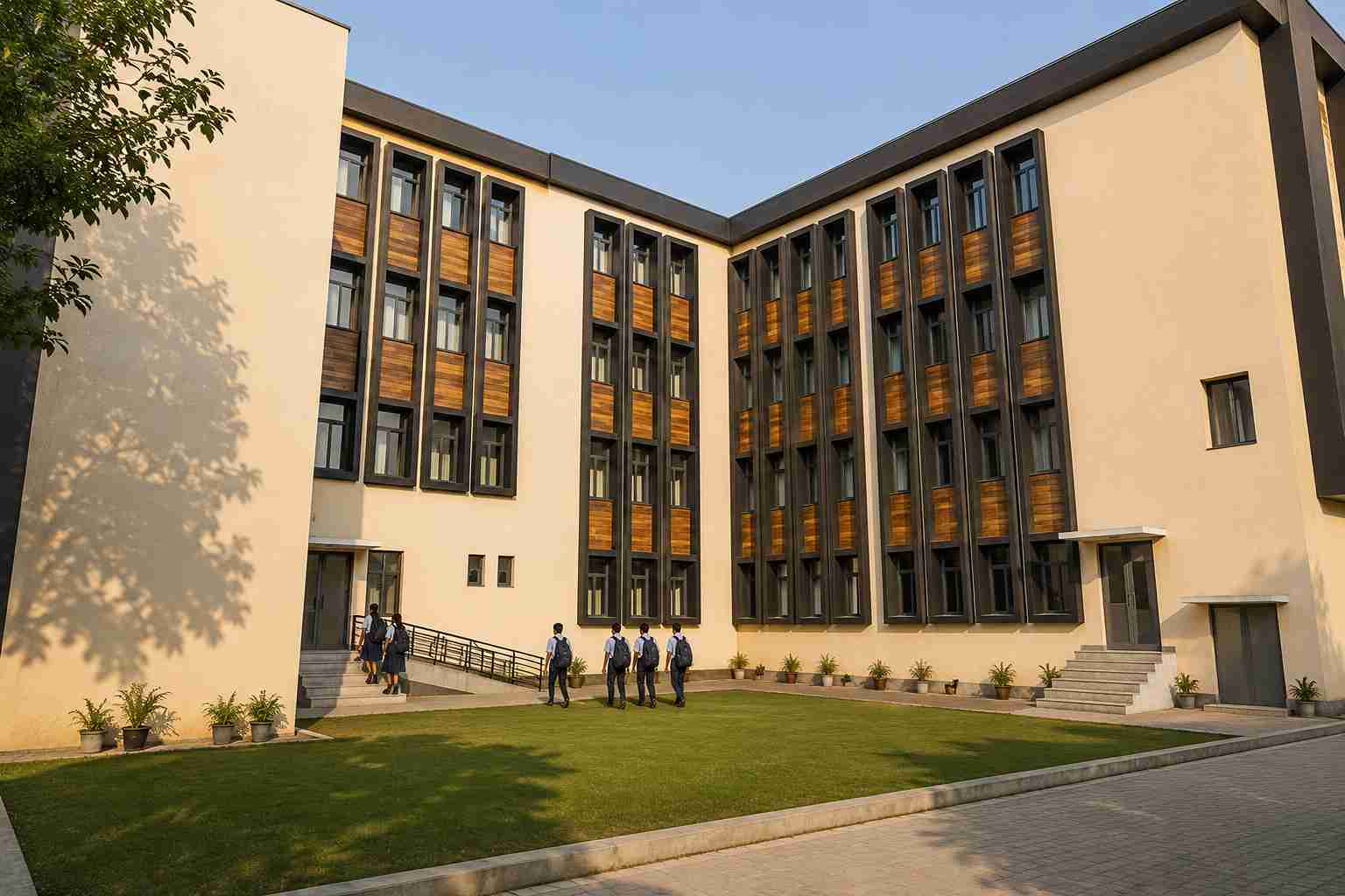 Front elevation of a modern school building designed by Design Tech Plus with contemporary architect