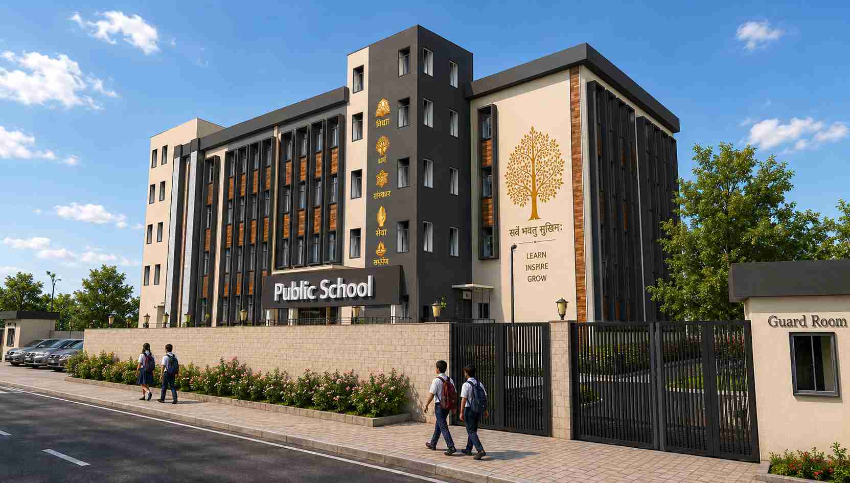 Front elevation of a modern school building designed by Design Tech Plus with contemporary architect