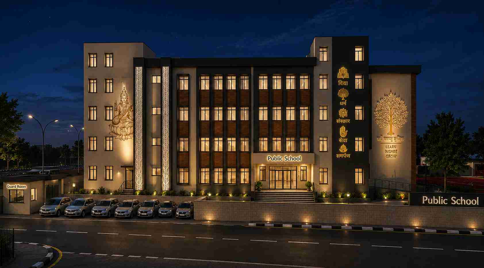 Front elevation of a modern school building designed by Design Tech Plus with contemporary architect