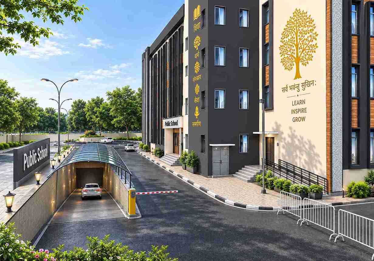 Front elevation of a modern school building designed by Design Tech Plus with contemporary architect