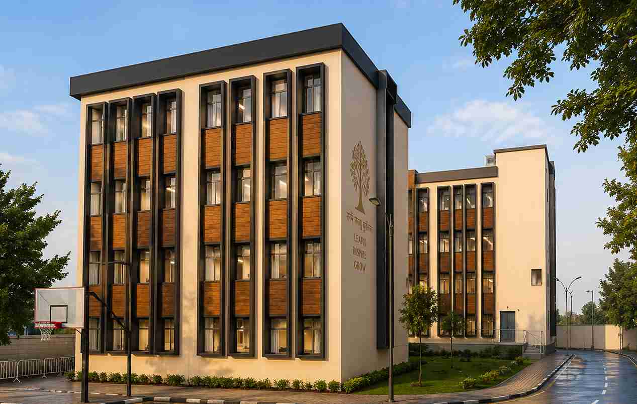 Front elevation of a modern school building designed by Design Tech Plus with contemporary architect