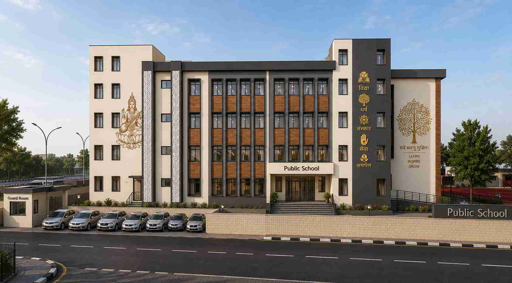 Front elevation of a modern school building designed by Design Tech Plus with contemporary architect